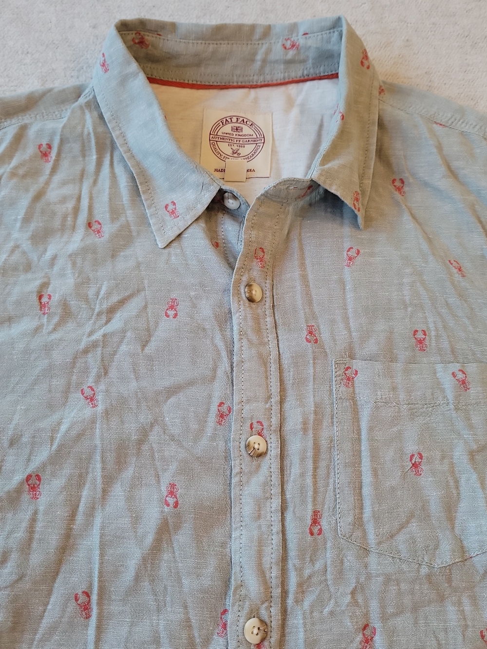 Fat Face Shirt Men's 2XL Gray Linen Blend Pocket Lobster AOP - Ships from USA - Picture 3 of 7